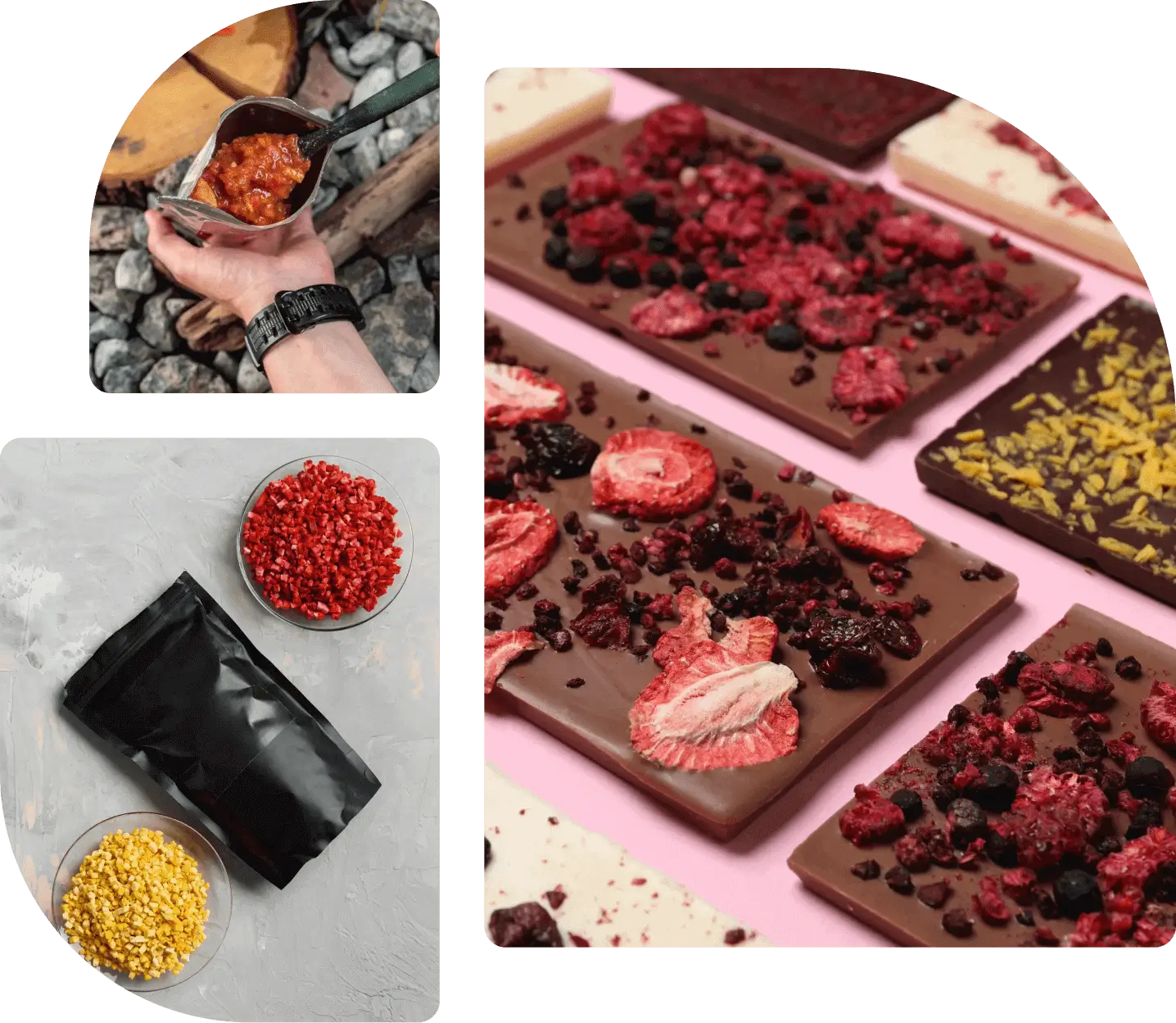 A collage of different types of food and a person making something.